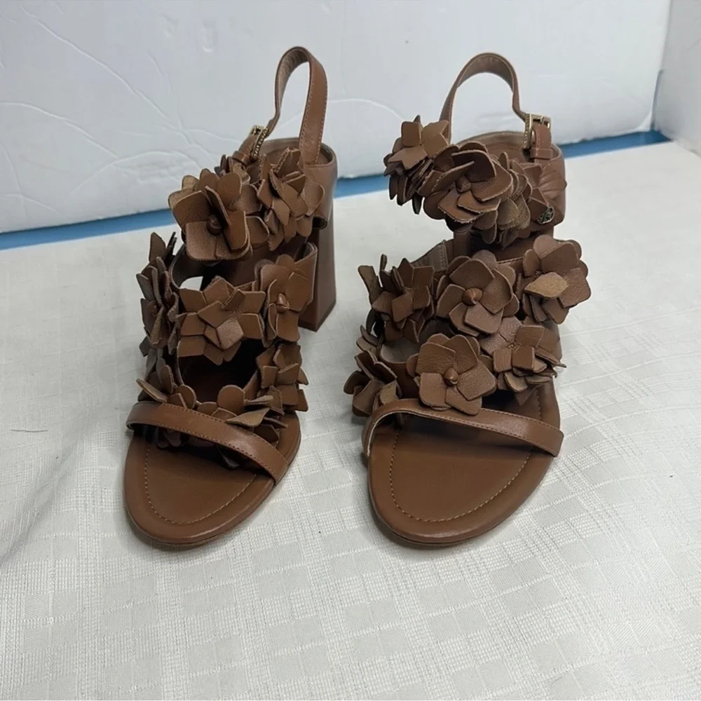 NWOB Tory Burch Women's Brown 65 mm Nappa Leather Blossom Heel Block Sandal 9.5
